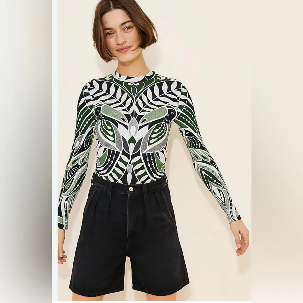 FARM Rio Puff Sleeve Green and Black Bodysuit - Picture 2 of 11